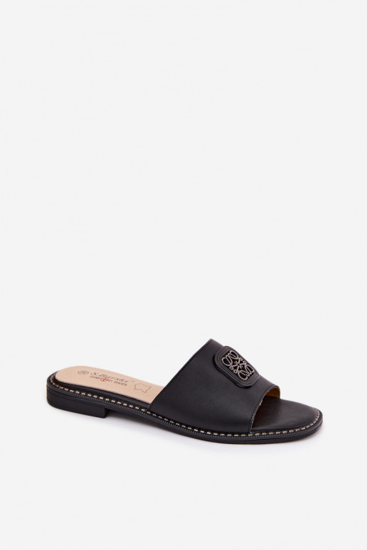 Chaussons en cuir naturel avec talons larges et décoration S.Barski KV61-6019 couleur noire