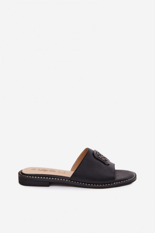 Chaussons en cuir naturel avec talons larges et décoration S.Barski KV61-6019 couleur noire