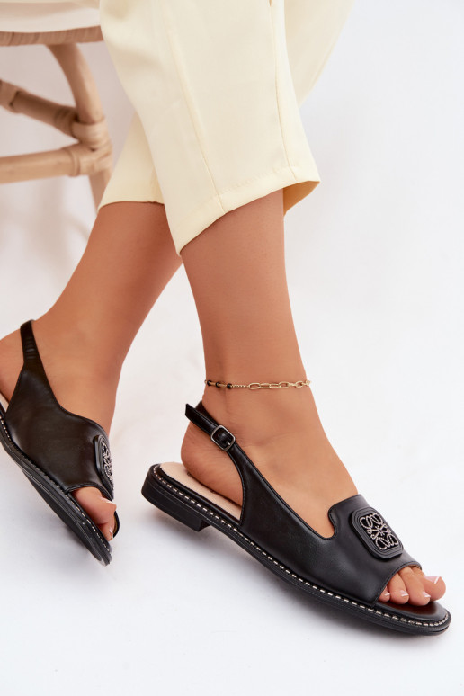 Sandales pour femmes avec talons larges et ornements S.Barski KV61-6016 noires