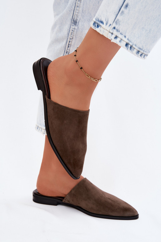 Peau Pantoufles de Suèdes Mule Appartement pour femmes D&A JC61-1004 couleur kaki