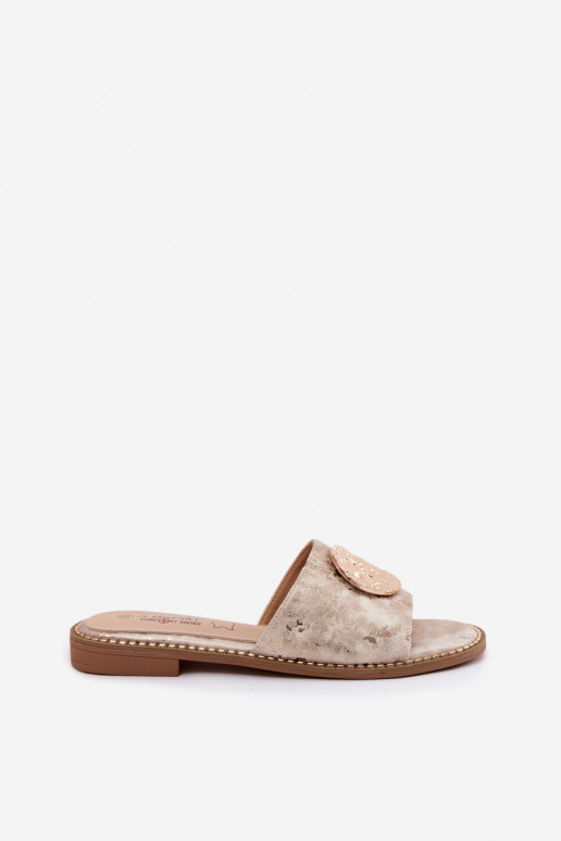 Pantoufles pour femmes Avec des décorations Detalem avec des talons larges KV61-6034 couleur dorée