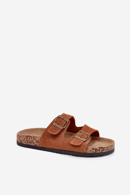 Chaussons en daim marron sur semelle en liège avec boucles Tavira