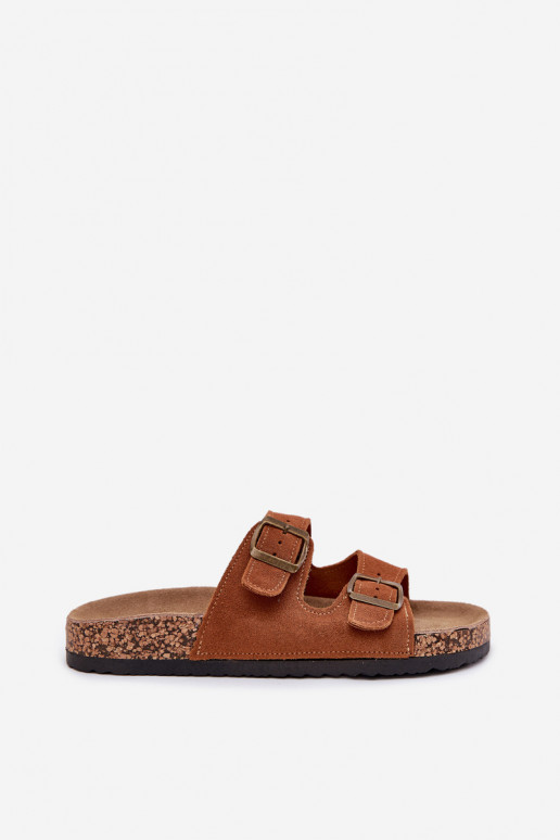 Chaussons en daim marron sur semelle en liège avec boucles Tavira