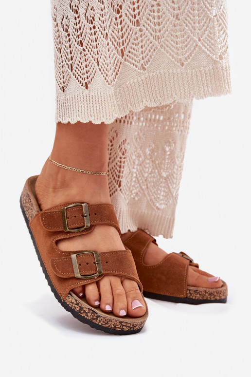 Pantoufles de Suèdes Sur une semelle en liège avec boucles marron Tavira