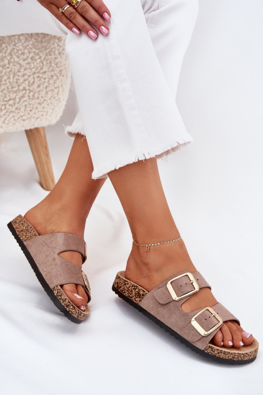 Pantoufles pour femmesen daim écologiqueu couleur dorée avec boucles beige Vorella