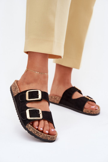 Chaussons en faux daim noirs avec boucles dorées Vorella