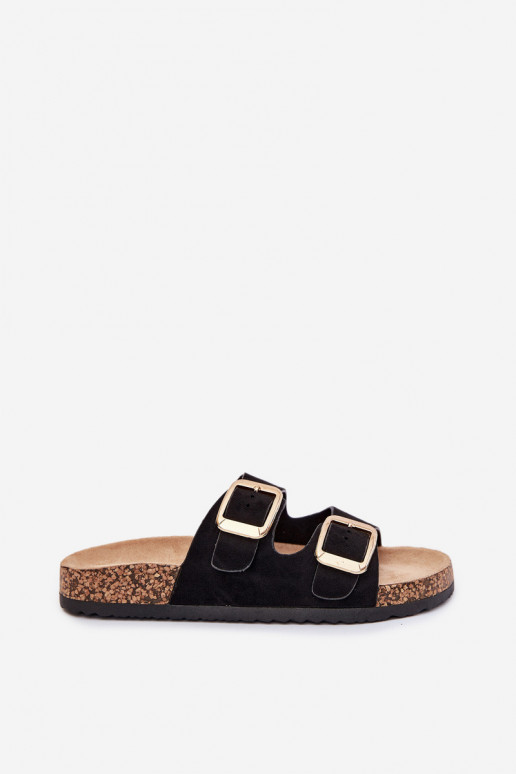 Pantoufles pour femmesen daim écologiqueu couleur dorée avec boucles couleur noire Vorella