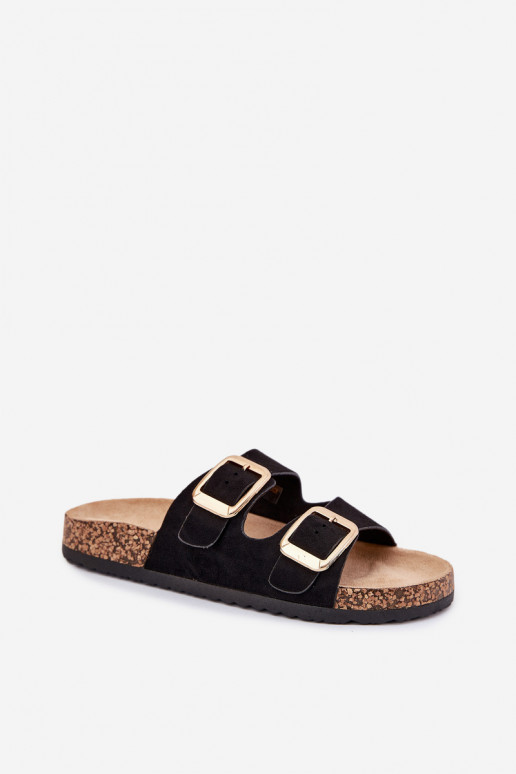 Pantoufles pour femmesen daim écologiqueu couleur dorée avec boucles couleur noire Vorella