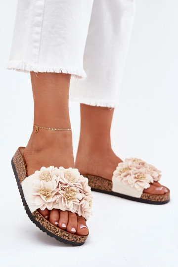 Pantoufles pour femmes Sur une semelle en liège Avec des décorationsi avec des motifs florauxkami beige Seleneza