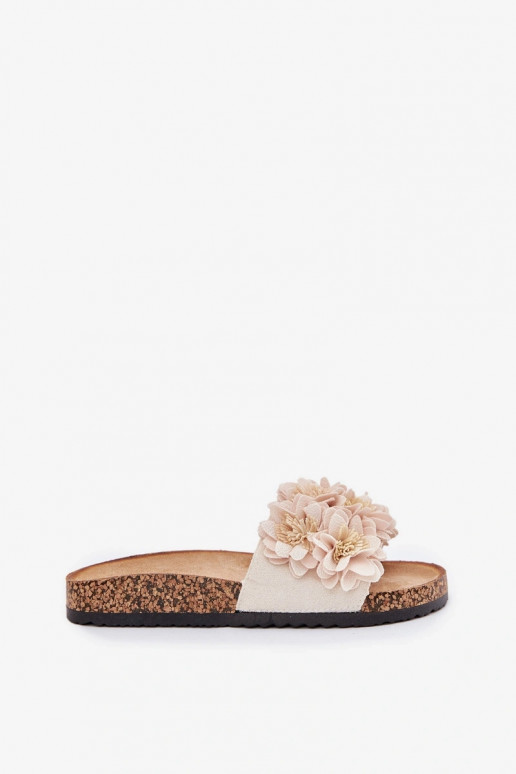 Chaussons couleur sable sur semelle en liège avec motifs floraux décoratifs Seleneza