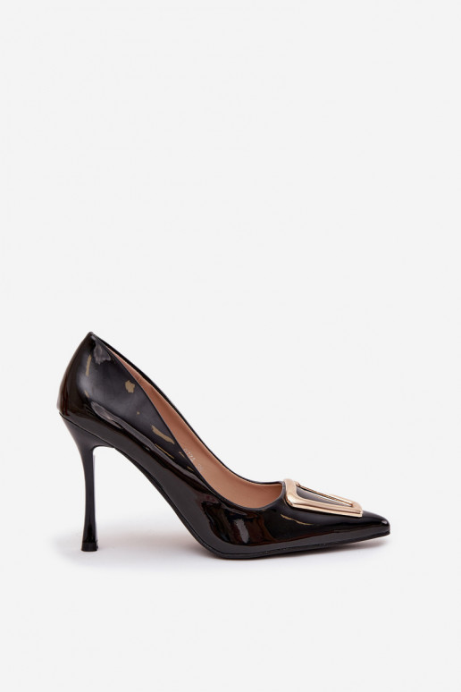 Chaussures à talons hauts noires avec effet verni et détails dorés Paivelle