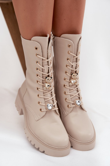 Bottines de travail couleur sable pour femmes avec ours en peluche et cœurs Iravine