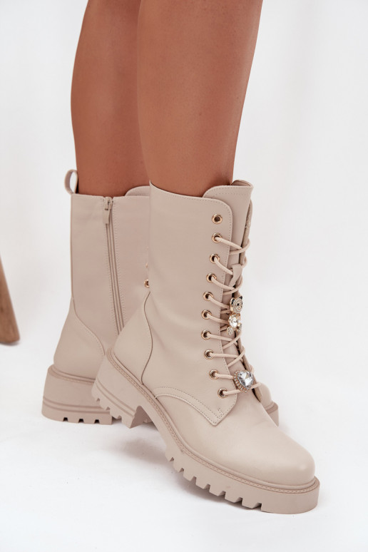 Bottines de travail couleur sable pour femmes avec ours en peluche et cœurs Iravine