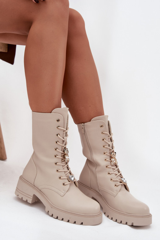 Bottines de travail couleur sable pour femmes avec ours en peluche et cœurs Iravine