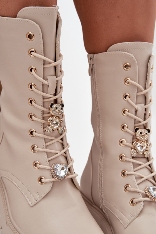 Bottines de travail couleur sable pour femmes avec ours en peluche et cœurs Iravine