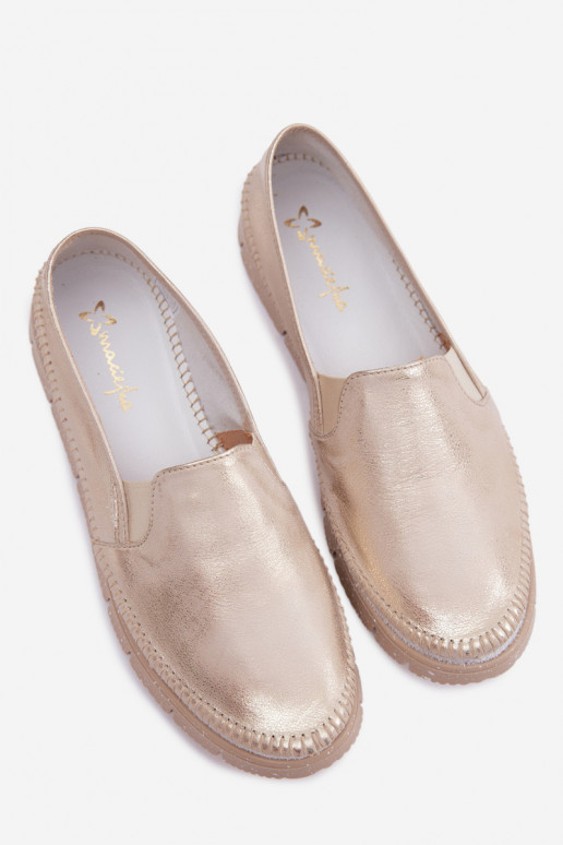 Chaussures pour femmes dorées à enfiler en cuir Przecierany