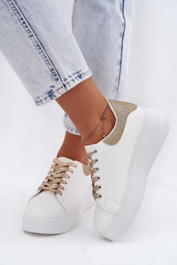 Baskets blanches et dorées pour femmes avec plateforme et brillance en simili cuir Calinae