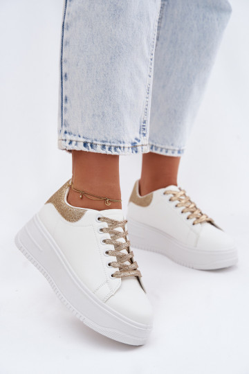 Baskets blanches et dorées pour femmes avec plateforme et brillance en simili cuir Calinae 2