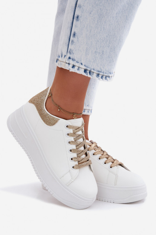Baskets blanches et dorées pour femmes avec plateforme et brillance en simili cuir Calinae