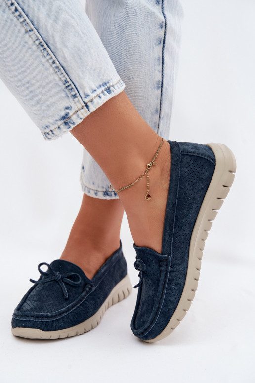 mocassins pour femmesActivéturalnego en daimu avec des rubans Vinceza 95401 bleu foncé