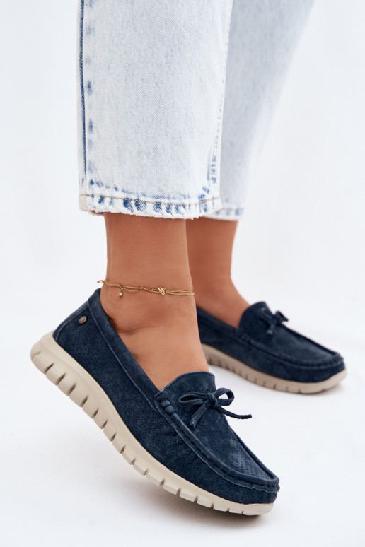 mocassins pour femmesActivéturalnego en daimu avec des rubans Vinceza 95401 bleu foncé