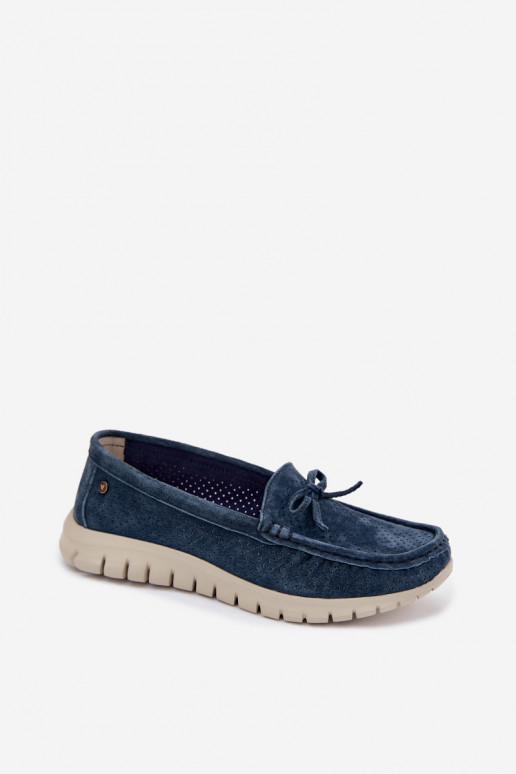 mocassins pour femmesActivéturalnego en daimu avec des rubans Vinceza 95401 bleu foncé