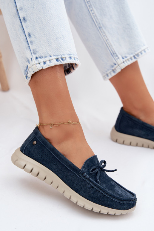mocassins pour femmesActivéturalnego en daimu avec des rubans Vinceza 95401 bleu foncé