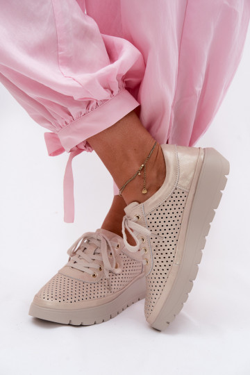 Chaussures en cuir perforé dorées pour femmes Vinceza 79629 2