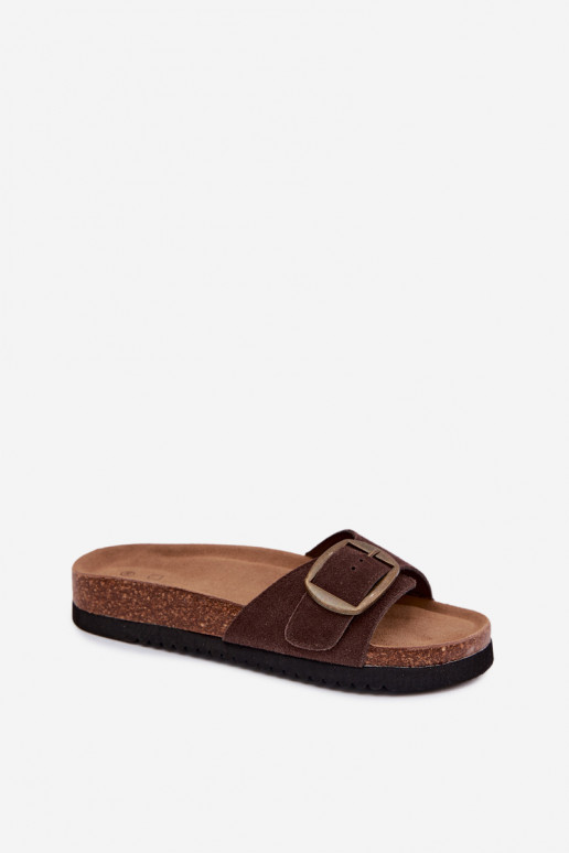 Chaussons en daim chocolat pour femmes avec boucles Emiline