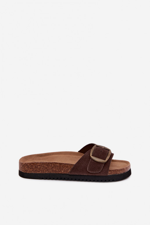 Chaussons en daim chocolat pour femmes avec boucles Emiline