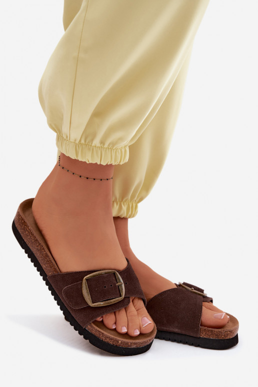 Chaussons en daim chocolat pour femmes avec boucles Emiline