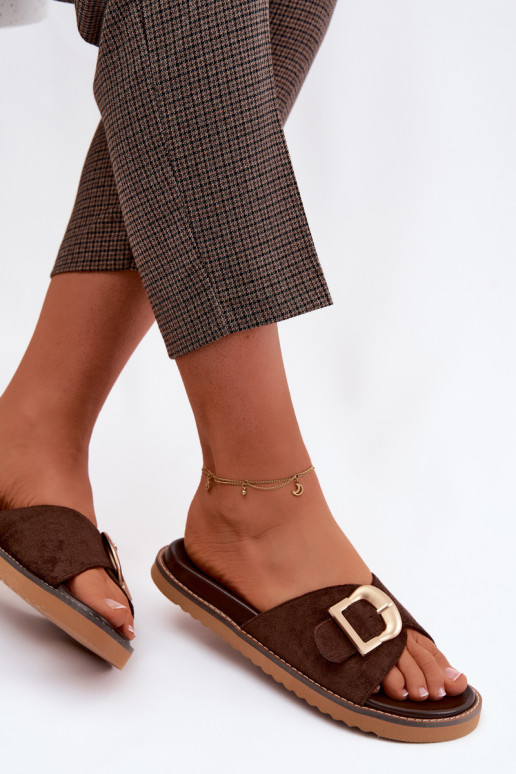 Chaussons chocolat pour femmes avec boucles dorées Elviane