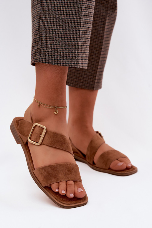 Sandales pour femmes marron avec de larges talons et des boucles dorées Verissea