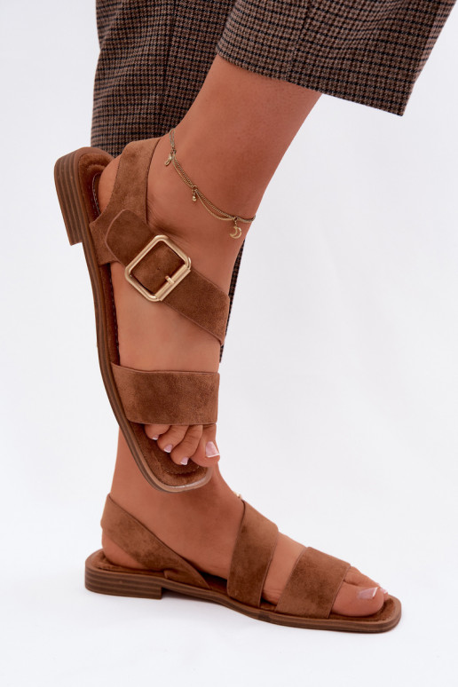 Sandales pour femmes marron avec de larges talons et des boucles dorées Verissea