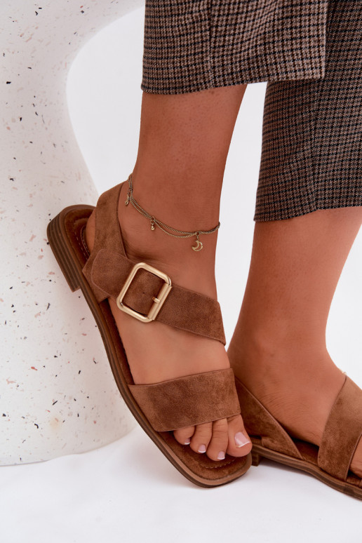 Sandales pour femmes marron avec de larges talons et des boucles dorées Verissea