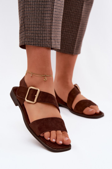 Sandales pour femmes chocolat avec de larges talons et des boucles dorées Verissea 2