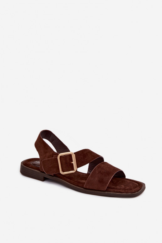 Sandales pour femmes chocolat avec de larges talons et des boucles dorées Verissea
