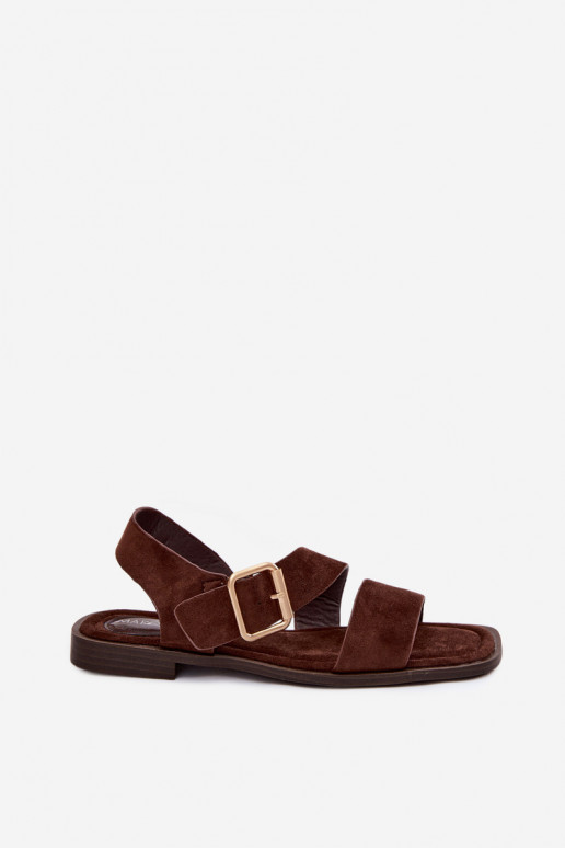 Sandales pour femmes chocolat avec de larges talons et des boucles dorées Verissea