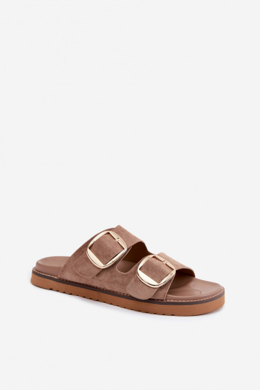 Pantoufles pour femmesImitacji en daimu couleur dorée avec boucles couleur kaki Averia