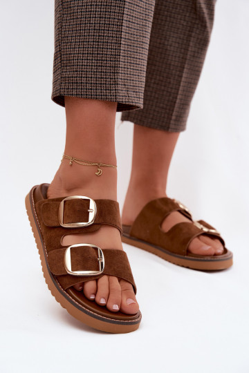 Chaussons pour femmes dorés avec des boucles en daim synthétique couleur marron Averia 2