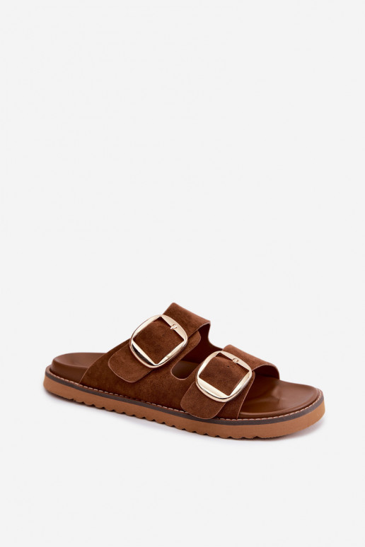 Chaussons pour femmes dorés avec des boucles en daim synthétique couleur marron Averia