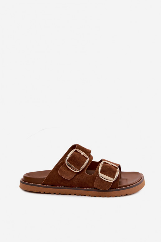 Pantoufles pour femmesImitacji en daimu couleur dorée avec boucles marron Averia