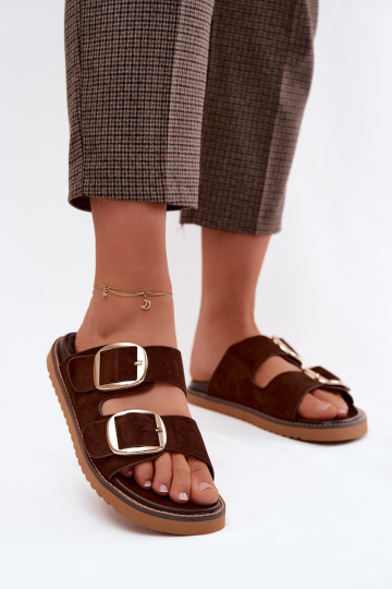 Chaussons pour femmes en daim synthétique avec boucles dorées Czekolado Averia 2
