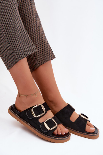 Chaussons pour femmes en daim synthétique avec boucles dorées noires Averia