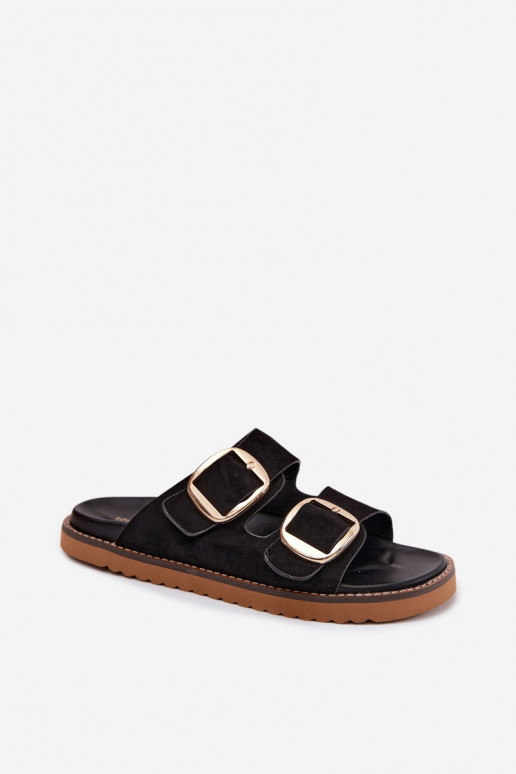 Chaussons pour femmes en daim synthétique avec boucles dorées noires Averia