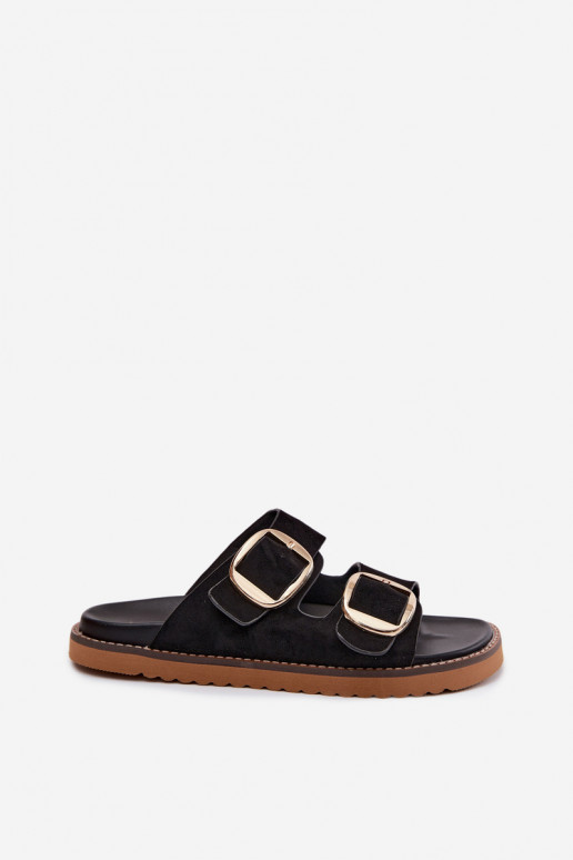 Chaussons pour femmes en daim synthétique avec boucles dorées noires Averia