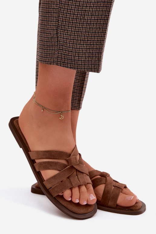 Chaussons pour femmes avec brides en daim synthétique couleur marron Calvia