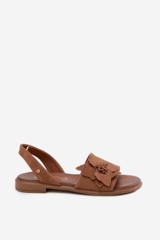 Sandales en daim avec talons larges et fleurs décoratives Zazoo 407471 en brun