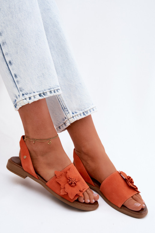 Sandales en daim avec talons larges et fleurs décoratives Zazoo 407471 en orange