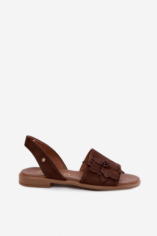 Sandales en daim avec talons larges et fleurs décoratives Zazoo 407471 en chocolat